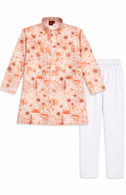 Kids' Designer Festive Kurta Pajama – Premium Peach Starburst Print Celebration Wear