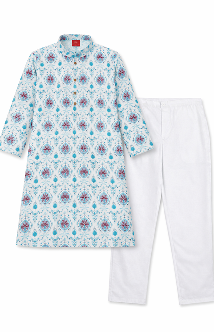 Teen Boys' Blue & Maroon Damask Kurta Set