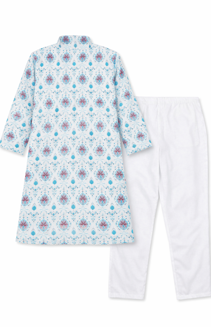 Teen Boys' Blue & Maroon Damask Kurta Set