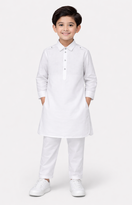 Boys' White Pathani Kurta Set with Chikankari Embroidery