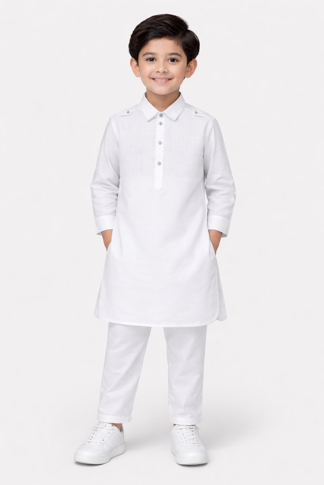 Boys' White Pathani Kurta Set with Chikankari Embroidery