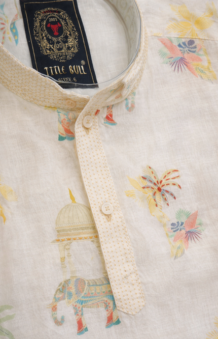 Boy's Ivory Cotton-Linen Kurta Pajama Set with Royal Elephant & Heritage Print