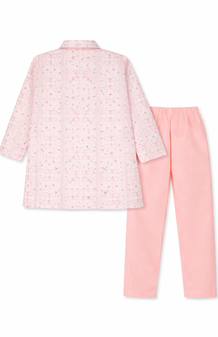 Boys' Blush Pink Geometric Print Kurta Set with Mirror Work