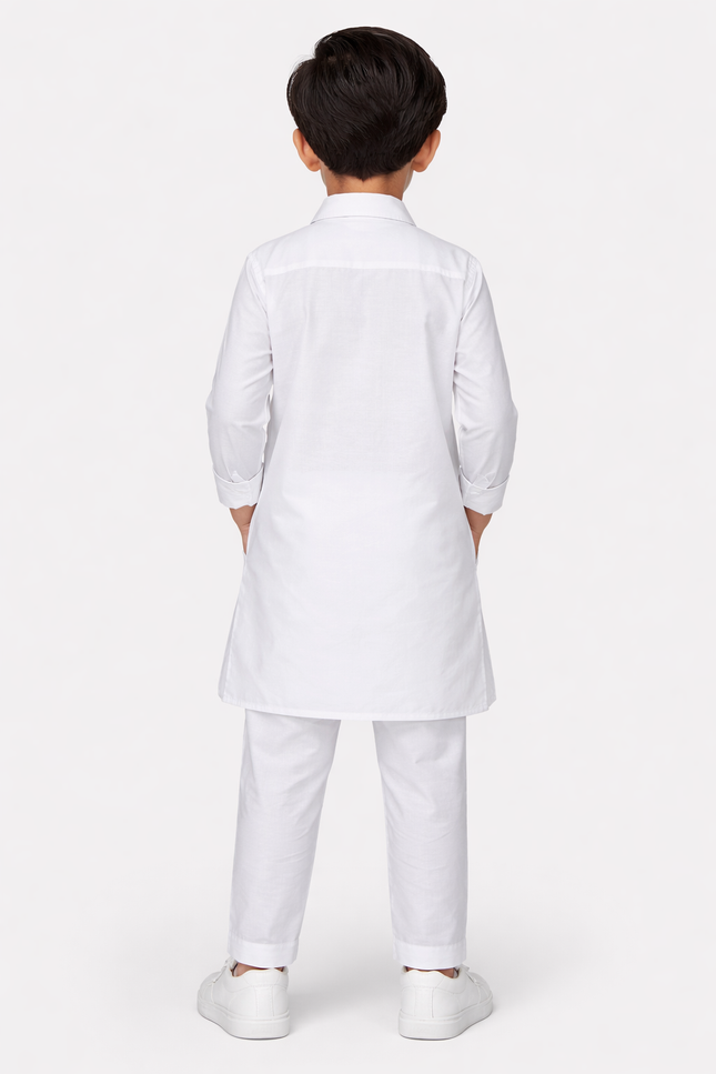 Boys' White Pathani Kurta Set with Chikankari Embroidery