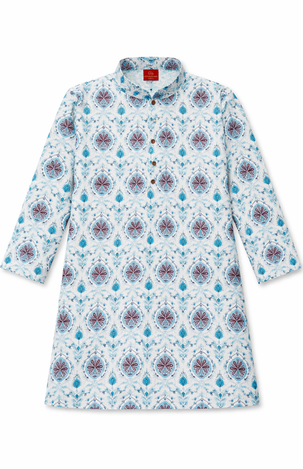 Teen Boys' Blue & Maroon Damask Kurta Set