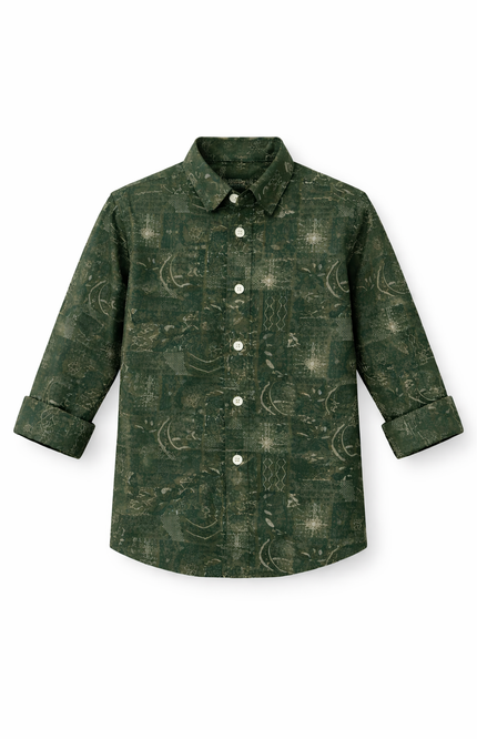 Kids' Designer Ethnic-Print Button-Down – Premium Coffee & Forest Green Casual Shirt