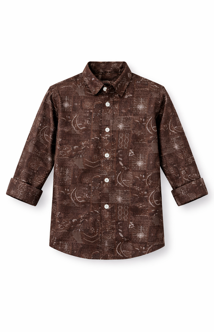 Kids' Designer Ethnic-Print Button-Down – Premium Coffee & Forest Green Casual Shirt
