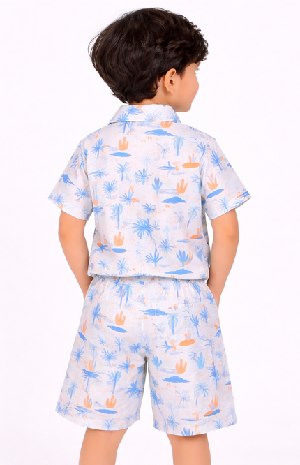 Boys' White Desert Botanical Print Shirt and Matching Drawstring Shorts Set