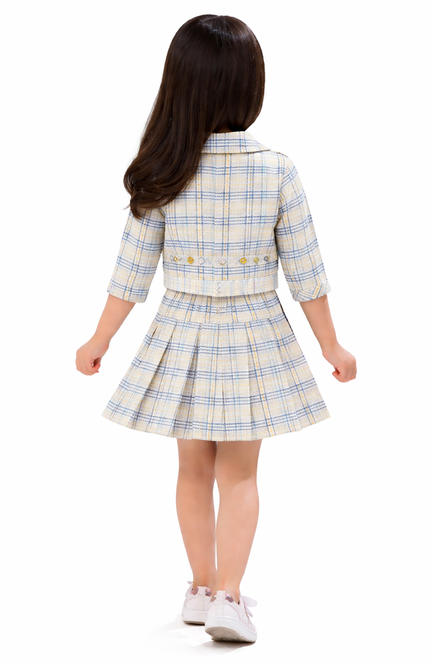 Kids' 3-Piece Pastel Tweed Co-ord – Pleated Mini Skirt, Structured Blazer, and Sparkle Heart Top