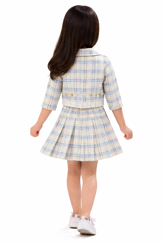 Kids' 3-Piece Pastel Tweed Co-ord – Pleated Mini Skirt, Structured Blazer, and Sparkle Heart Top
