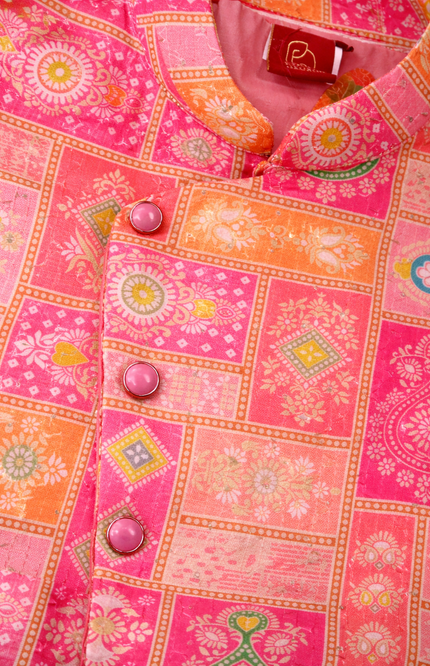 Infant Boys' Pink & Peach Patchwork Angrakha Kurta with Dhoti Set