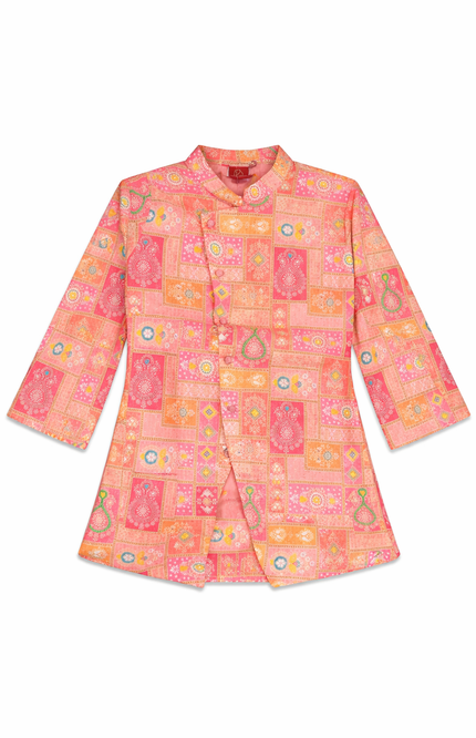 Infant Boys' Pink & Peach Patchwork Angrakha Kurta with Dhoti Set