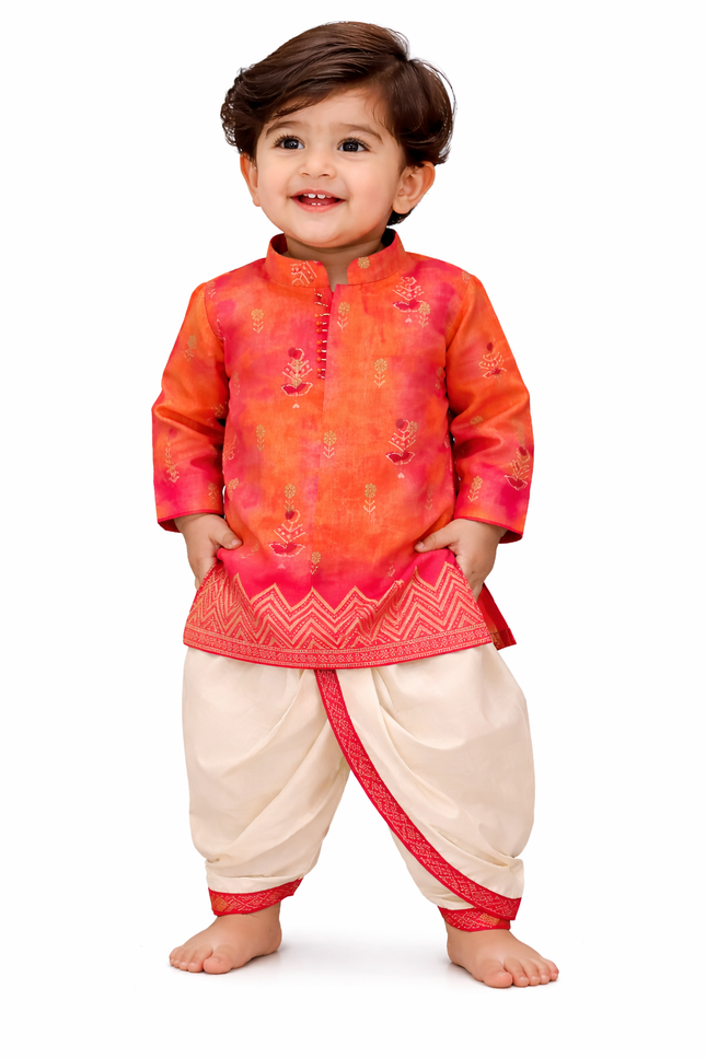 Infant Boys' Orange & Pink Ombre Kurta with Off-White Dhoti Set