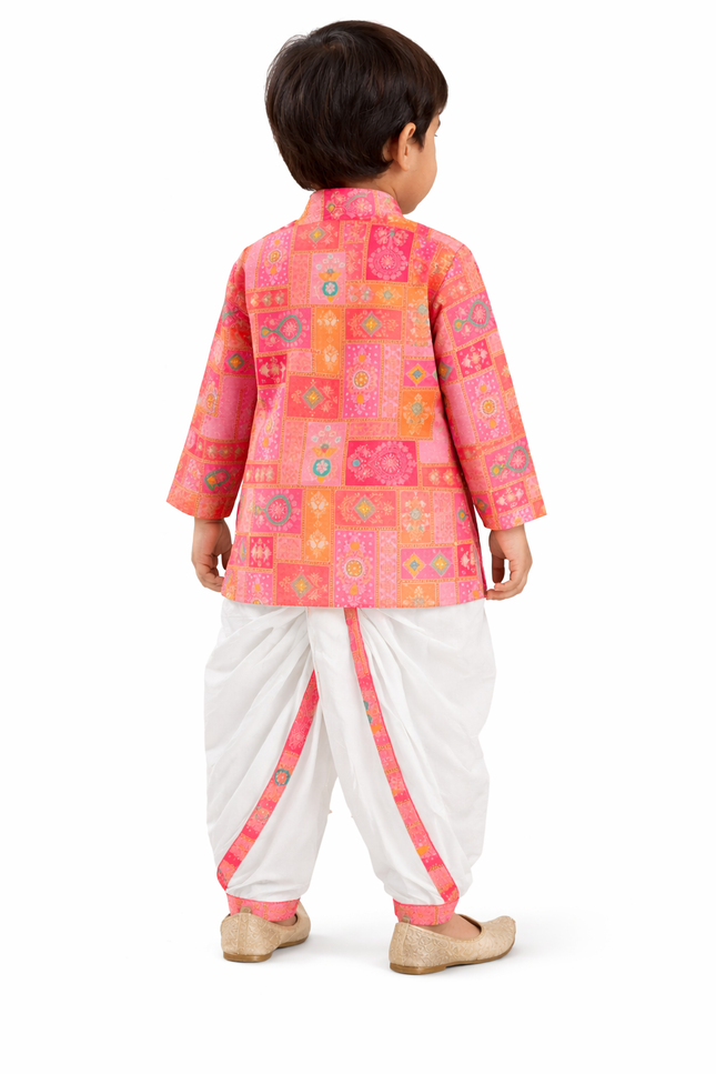 Infant Boys' Pink & Peach Patchwork Angrakha Kurta with Dhoti Set