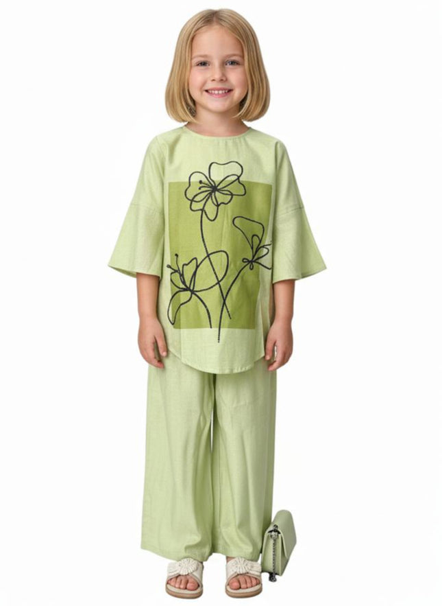 Girls' Lime Green Linen Blend Cord Set | Wide-Leg Palazzo Pants & Kimono Sleeve Top