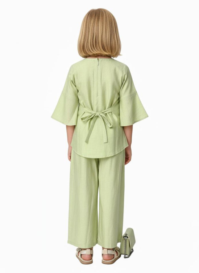 Girls' Lime Green Linen Blend Cord Set | Wide-Leg Palazzo Pants & Kimono Sleeve Top