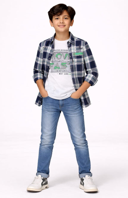 Kids' Urban Layered Outfit – Navy Plaid Shirt & Sporty White Tee