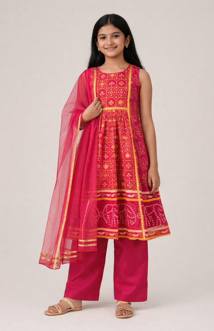 Girls' Pink Georgette Anarkali Kurta Set with Satin Pants and Net Dupatta