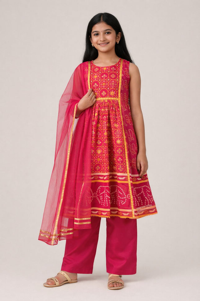 Girls' Pink Georgette Anarkali Kurta Set with Satin Pants and Net Dupatta