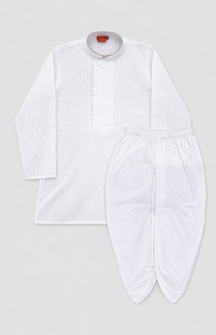 Boys' White Angarkha Kurta & Dhoti Set with Potli Buttons