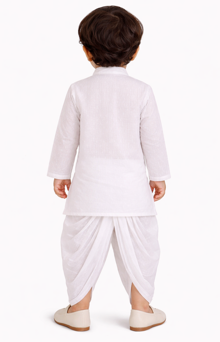 Boys' White Angarkha Kurta & Dhoti Set with Potli Buttons
