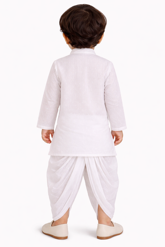 Boys' White Angarkha Kurta & Dhoti Set with Potli Buttons