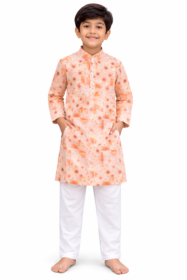 Kids' Designer Festive Kurta Pajama – Premium Peach Starburst Print Celebration Wear