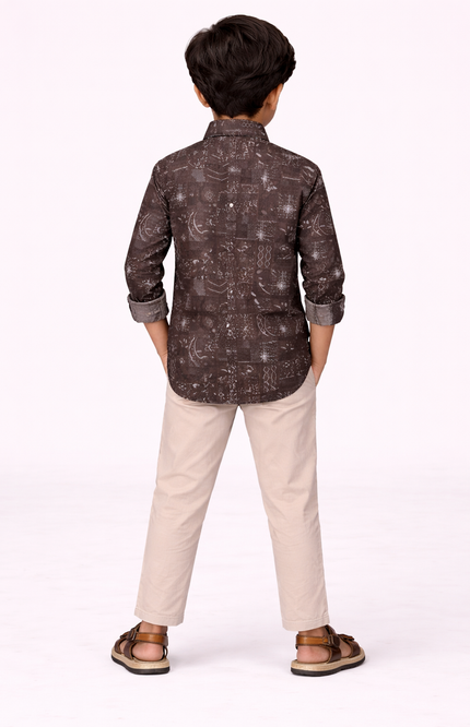 Kids' Designer Ethnic-Print Button-Down – Premium Coffee & Forest Green Casual Shirt