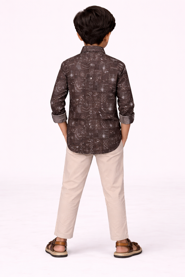 Kids' Designer Ethnic-Print Button-Down – Premium Coffee & Forest Green Casual Shirt