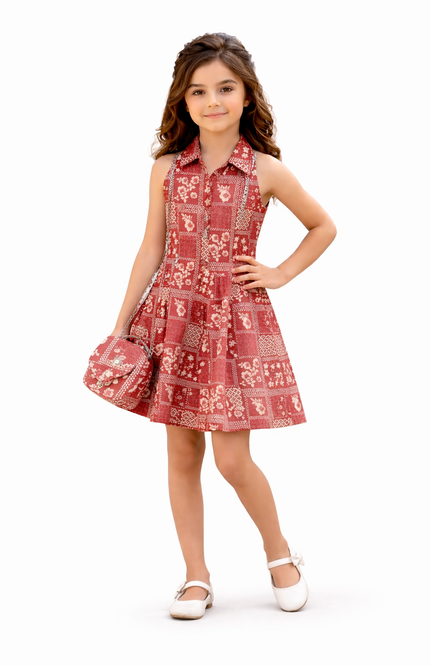 Kids' Maroon Tile-Print A-Line Dress – Sleeveless Collared Tunic