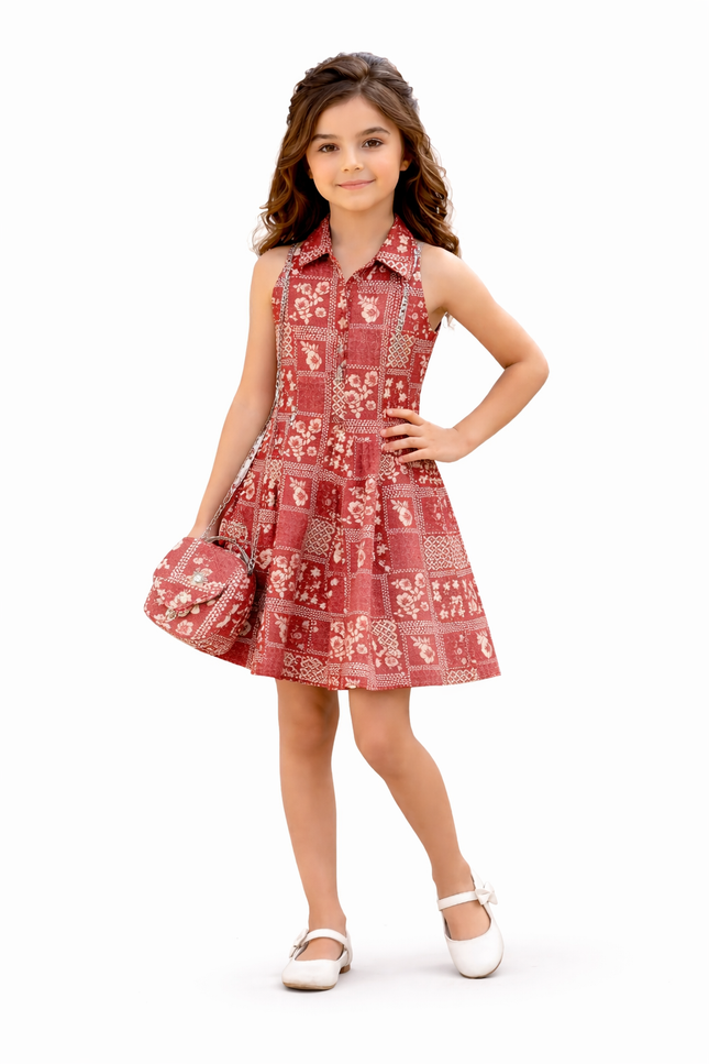 Kids' Maroon Tile-Print A-Line Dress – Sleeveless Collared Tunic