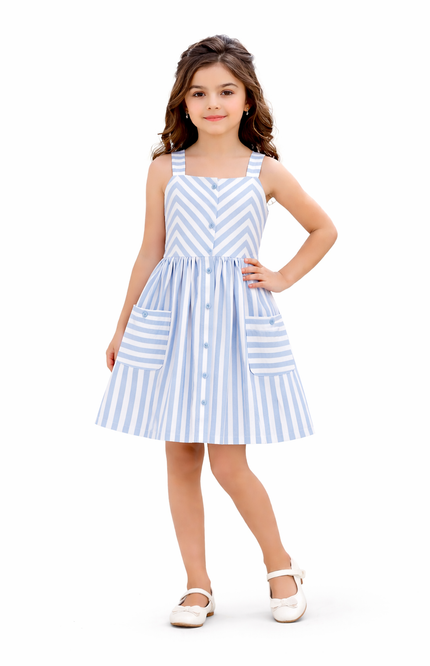 Girls' Striped Cotton Sleeveless Dress – Multi-Directional Pattern with Patch Pockets