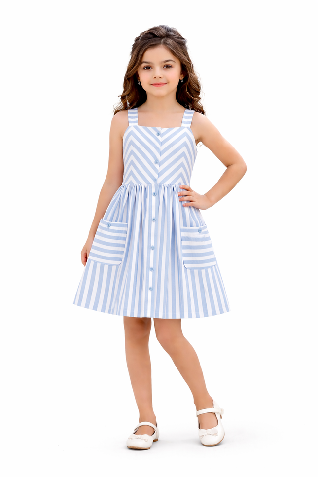 Girls' Striped Cotton Sleeveless Dress – Multi-Directional Pattern with Patch Pockets
