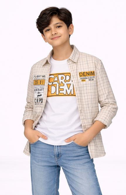 Boys' "Carpe Diem" Aviation Plaid Button-Down Over-Shirt