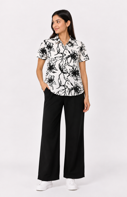 Black Floral Print Short-Sleeve Shirt