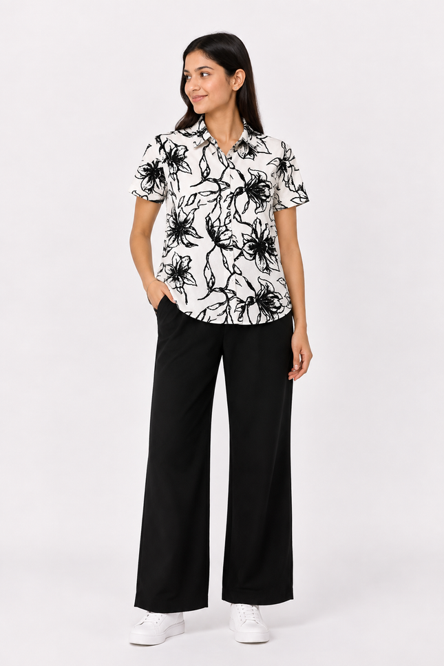 Black Floral Print Short-Sleeve Shirt