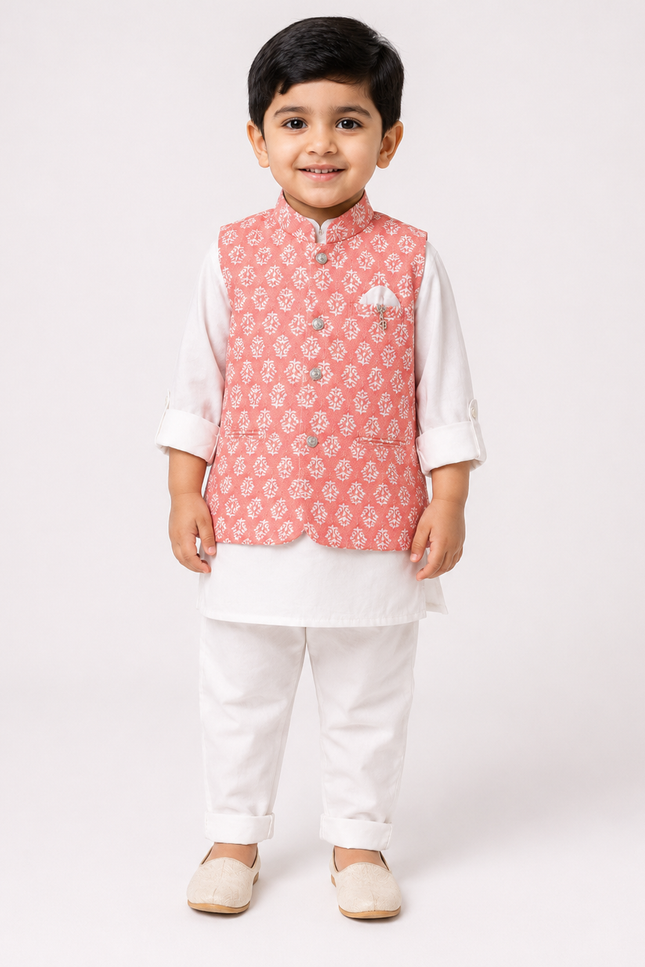 Ethnic Printed Jacket Set with White Kurta & Pants