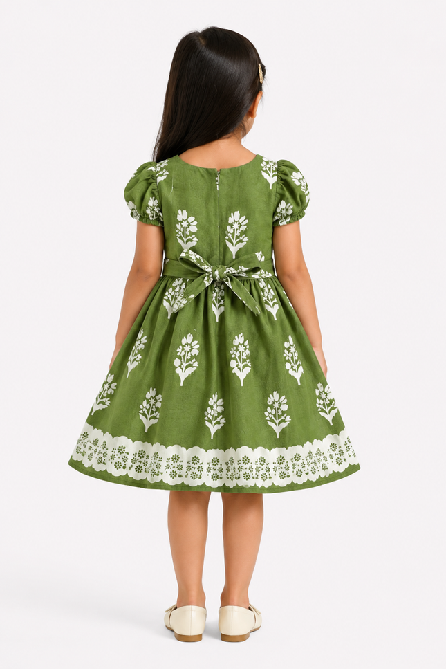 Olive Green Floral Print Fit & Flare Dress