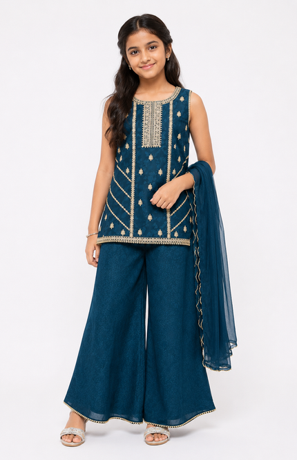 Teal Embroidered Kids Co-Ord Set with Dupatta