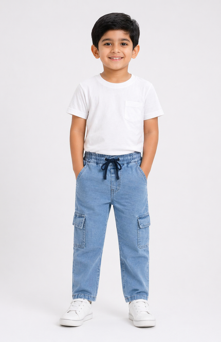 Boys Premium Denim Cargo Pants – Light Wash Fine 431