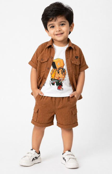 Boys Brown Graphic Shirt & Cargo Shorts Set