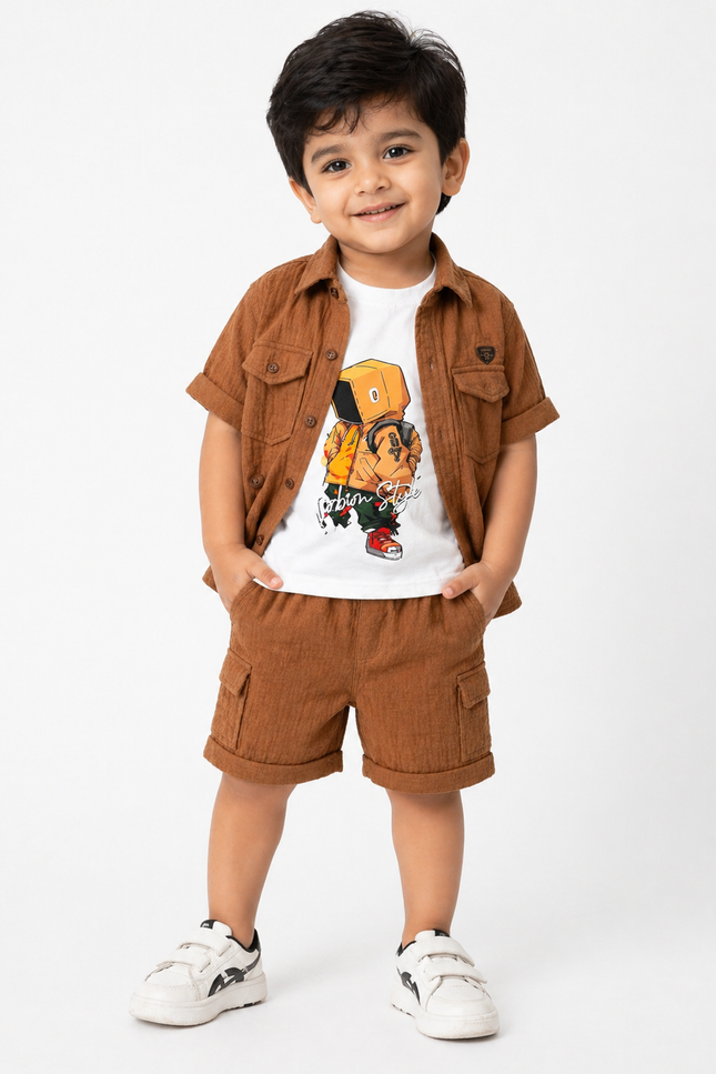 Boys Brown Graphic Shirt & Cargo Shorts Set
