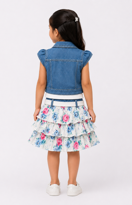 Girls' Denim Vest & Floral Tiered Skirt 3-Piece
