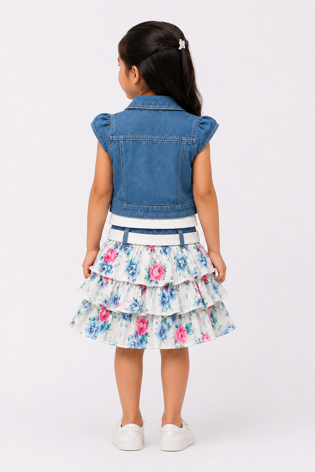 Girls' Denim Vest & Floral Tiered Skirt 3-Piece