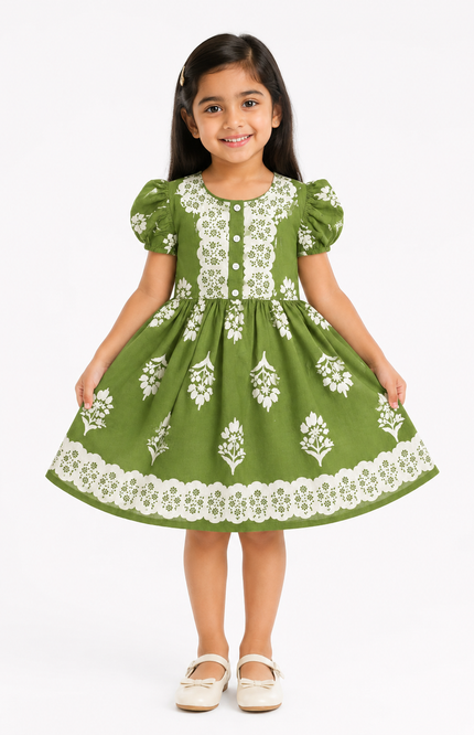 Olive Green Floral Print Fit & Flare Dress