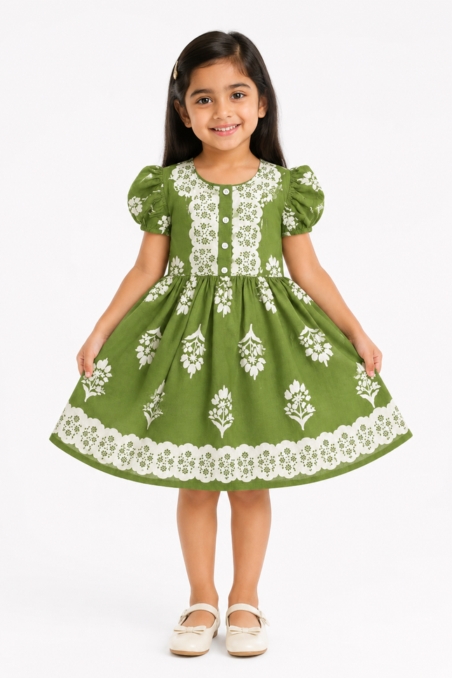 Olive Green Floral Print Fit & Flare Dress
