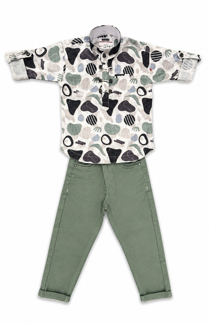 Boys Abstract Print Shirt with Sage Green Pants Co-ord Set
