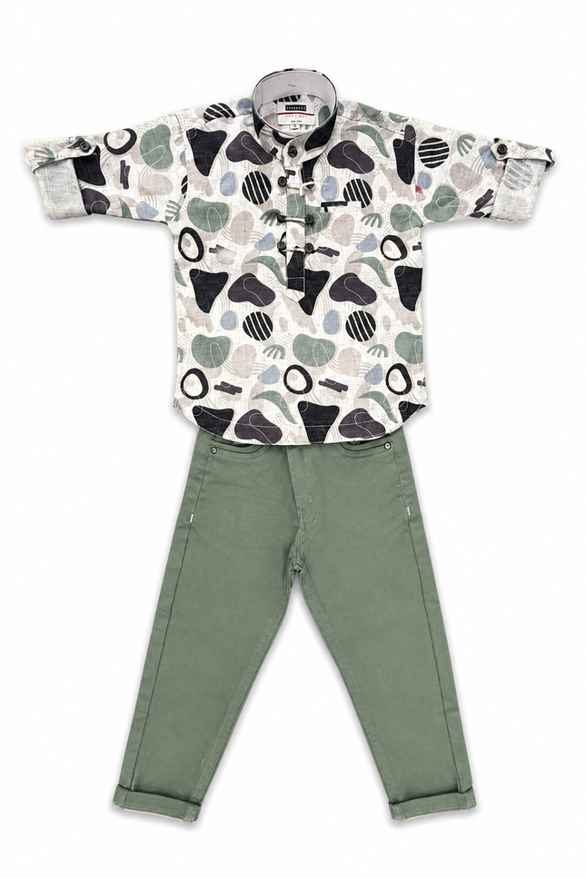 Boys Abstract Print Shirt with Sage Green Pants Co-ord Set