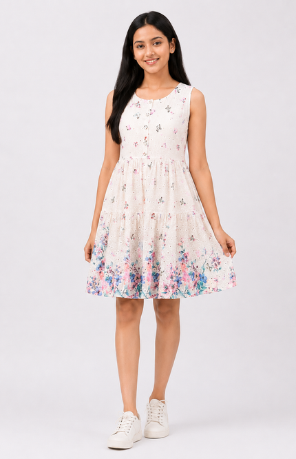 White Floral Print Sleeveless Party Dress