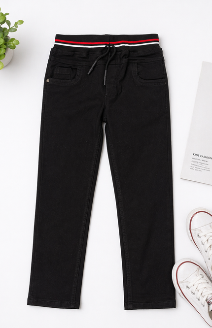 Boys Black Regular Fit Jeans with Elastic Waist & Drawstring